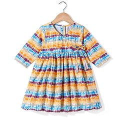 Babyhug 100% Cotton Three Fourth Sleeves Angarakha Ethnic Dress Tie Dye Print- Off White