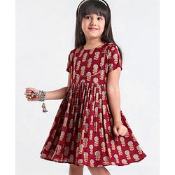 Babyhug Woven Half Sleeves Ethnic Dress Floral Print - Magenta