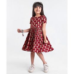 Babyhug Woven Half Sleeves Ethnic Dress Floral Print - Magenta