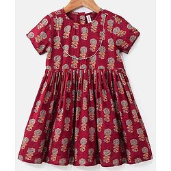 Babyhug Woven Half Sleeves Ethnic Dress Floral Print - Magenta