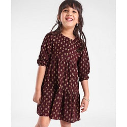 Babyhug Woven Full Sleeves Ethnic Dress Foil Printed - Magenta