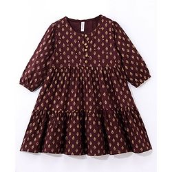 Babyhug Woven Full Sleeves Ethnic Dress Foil Printed - Magenta