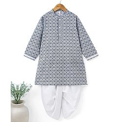 Babyhug 100% Cambric Full Sleeve Printed Kurta With Solid Dhoti Set - Blue & White
