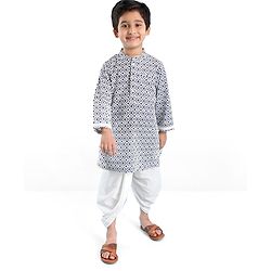 Babyhug 100% Cambric Full Sleeve Printed Kurta With Solid Dhoti Set - Blue & White