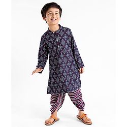 Babyhug 100% Cotton Full Sleeves Kurta & Dhoti Set Ethnic Print - Blue