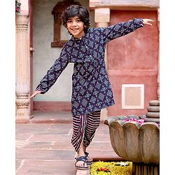 Babyhug 100% Cotton Full Sleeves Kurta & Dhoti Set Ethnic Print - Blue