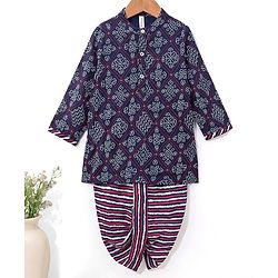 Babyhug 100% Cotton Full Sleeves Kurta & Dhoti Set Ethnic Print - Blue