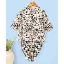Babyhug Cotton Flex Full Sleeves Printed Kurta & Dhoti - Off White