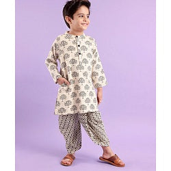 Babyhug 100% Cotton Full Sleeves Printed Kurta & Dhoti Set - OffWhite