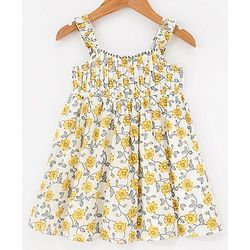 Babyhug 100% Cotton Singlet Sleeves Full Length Ethnic Dress Floral Print - White