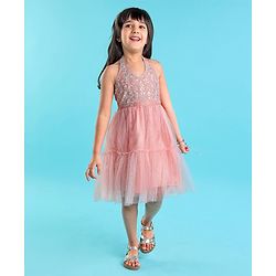 Babyhug Sleeveless Floral Embroidered Halter Neck Ethnic Dress - Pink
