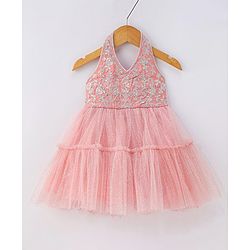 Babyhug Sleeveless Floral Embroidered Halter Neck Ethnic Dress - Pink