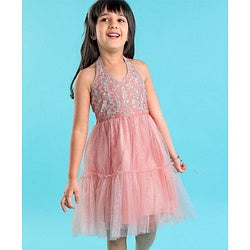 Babyhug Sleeveless Floral Embroidered Halter Neck Ethnic Dress - Pink
