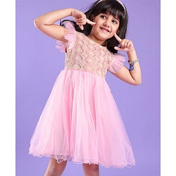 Babyhug Ruffle Sleeves Ethnic Dress Embroidered and Sequin Detailing - Pink