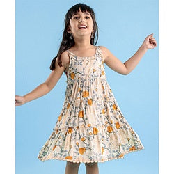 Babyhug 100% Cotton Woven Sleeveless Ethnic Dress Floral Digital Print With Foil - Beige
