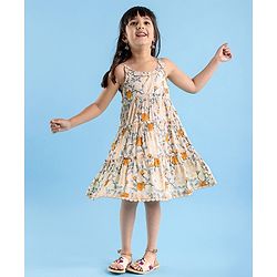 Babyhug 100% Cotton Woven Sleeveless Ethnic Dress Floral Digital Print With Foil - Beige