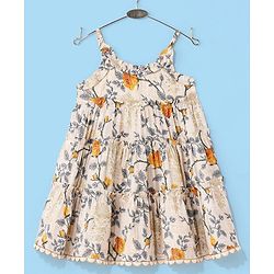 Babyhug 100% Cotton Woven Sleeveless Ethnic Dress Floral Digital Print With Foil - Beige