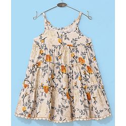 Babyhug 100% Cotton Woven Sleeveless Ethnic Dress Floral Digital Print With Foil - Beige