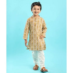 Babyhug 100% Cotton Kurta With Payjama Set Floral Print - Beige