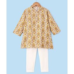Babyhug 100% Cotton Kurta With Payjama Set Floral Print - Beige