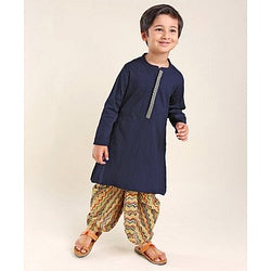 Babyhug 100% Cotton Dobby Full Sleeves Embroidered Kurta With Chevron Printed Dhoti Set - Navy Blue