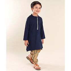 Babyhug 100% Cotton Dobby Full Sleeves Embroidered Kurta With Chevron Printed Dhoti Set - Navy Blue