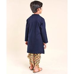 Babyhug 100% Cotton Dobby Full Sleeves Embroidered Kurta With Chevron Printed Dhoti Set - Navy Blue