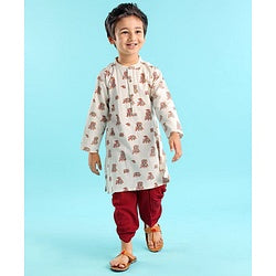 Babyhug 100% Cotton Full Sleeves Flex Elephant Printed Kurta With Dhoti Set - Beige