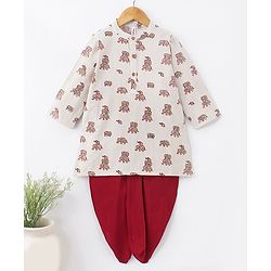Babyhug 100% Cotton Full Sleeves Flex Elephant Printed Kurta With Dhoti Set - Beige