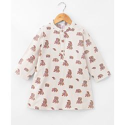 Babyhug 100% Cotton Full Sleeves Flex Elephant Printed Kurta With Dhoti Set - Beige