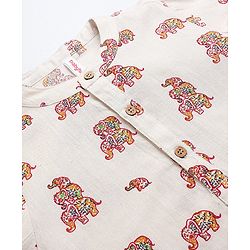 Babyhug 100% Cotton Full Sleeves Flex Elephant Printed Kurta With Dhoti Set - Beige