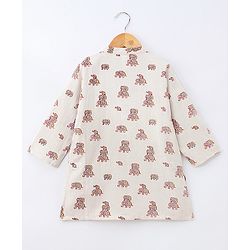 Babyhug 100% Cotton Full Sleeves Flex Elephant Printed Kurta With Dhoti Set - Beige
