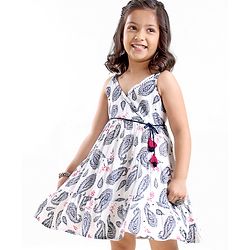 Babyhug 100% Cotton Singlet Sleeves Woven Printed Overlap Ethnic Dress With Embroidery - White