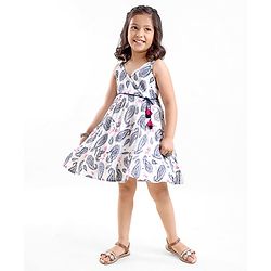 Babyhug 100% Cotton Singlet Sleeves Woven Printed Overlap Ethnic Dress With Embroidery - White