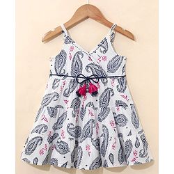 Babyhug 100% Cotton Singlet Sleeves Woven Printed Overlap Ethnic Dress With Embroidery - White