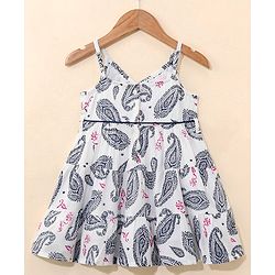 Babyhug 100% Cotton Singlet Sleeves Woven Printed Overlap Ethnic Dress With Embroidery - White