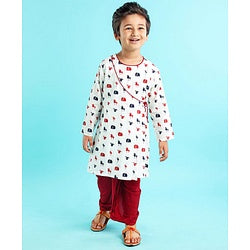 Babyoye 100% Cotton Full Sleeves Kurta & Dhoti Set Elephant & Horse Print - White & Maroon