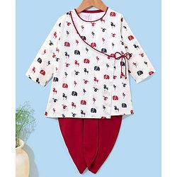 Babyoye 100% Cotton Full Sleeves Kurta & Dhoti Set Elephant & Horse Print - White & Maroon
