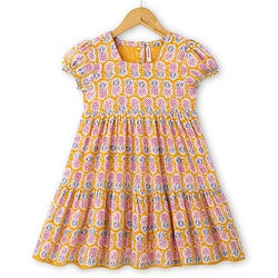 Babyhug 100% Cotton Woven Cap Sleeves Ethnic Dress with Fruits Print - Yellow