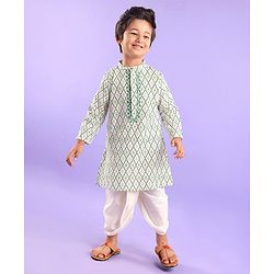 Babyhug 100% Cotton Full Sleeves Kurta & Laheriya Dhoti Set Floral Embroidery & Diamond Print - Cream & Green