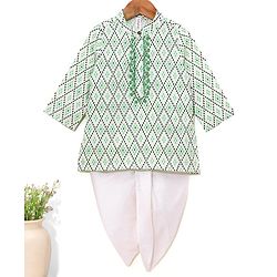Babyhug 100% Cotton Full Sleeves Kurta & Laheriya Dhoti Set Floral Embroidery & Diamond Print - Cream & Green