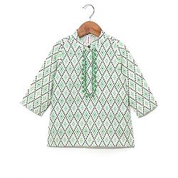 Babyhug 100% Cotton Full Sleeves Kurta & Laheriya Dhoti Set Floral Embroidery & Diamond Print - Cream & Green