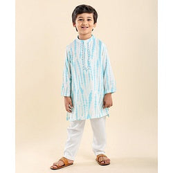 Babyhug Full Sleeves Embroidered Kurta & Pyjama Set Tie Dye Print- White & Blue