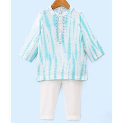Babyhug Full Sleeves Embroidered Kurta & Pyjama Set Tie Dye Print- White & Blue