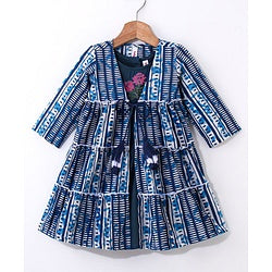 Babyhug Woven Ethnic Dress with Full Sleeves Shrug & Front Tie-Up Details Dots Print - Indigo