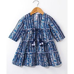 Babyhug Woven Ethnic Dress with Full Sleeves Shrug & Front Tie-Up Details Dots Print - Indigo