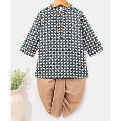 Babyhug 100% Cotton Knit Full Sleeves Kurta & Dhoti Set Angarakha Print - Blue & Brown