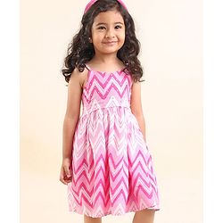 Babyhug 100% Cotton Woven Sleeveless Chevron Print Embroidered Sequins Dress - Pink