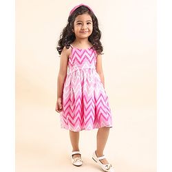 Babyhug 100% Cotton Woven Sleeveless Chevron Print Embroidered Sequins Dress - Pink