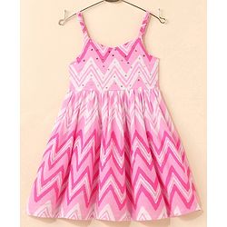 Babyhug 100% Cotton Woven Sleeveless Chevron Print Embroidered Sequins Dress - Pink